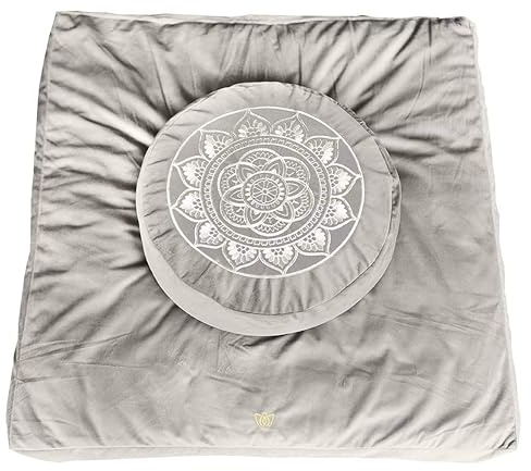 Florensi Meditation Cushion & Mat Bundle – Meditation & Yoga Pillow Set for Women & Men – Velvet Washable Cover – Buckwheat Round Floor Seat & Bench – Cotton Zabuton Square Floor - Gray