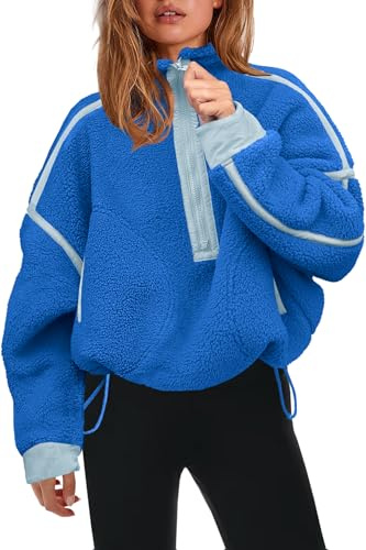 Panadila Womens Half Zip Sherpa Fleece Pullover Soft Oversized Sweatshirt with Pockets Warm Fuzzy Sweater (Bright Blue,S)