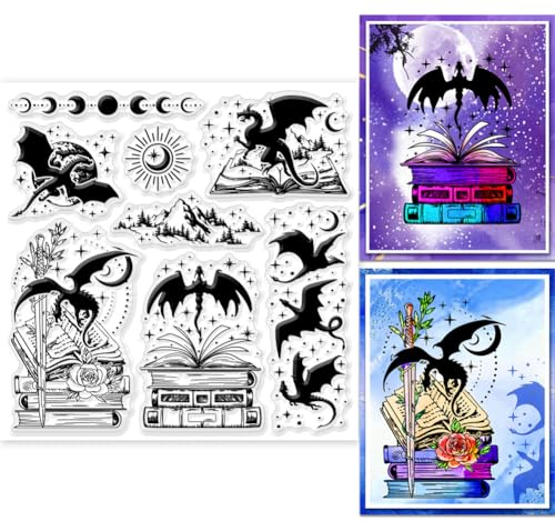 GLOBLELAND Magischer Drache Und Buch Transparente Stempel Für Kartenherstellung Dinosaurier Klare Stempel, Siegel, Silikonstempel Für DIY, Scrapbooking, Fotoalbum, Tagebuch