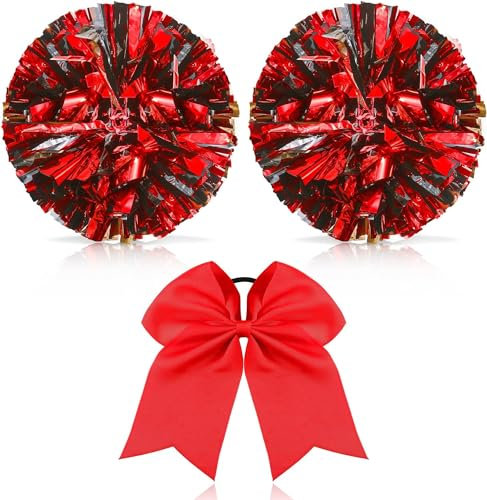 Theaque Cheerleader-Pompons und große Cheerleader-Haarschleife für Mädchen, metallische Cheerleader-Pompons für Teenager-Tanz (Rot und Schwarz)