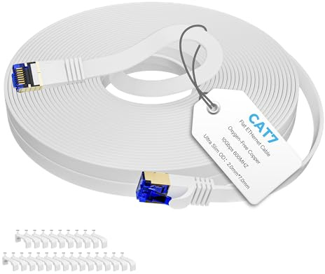 Mygatti 15 Metri Cavo Ethernet piatto Cat7-bianco,cavo LAN ad alta velocità,cavo Internet 10Gbps 600Mhz con spina RJ45,cavo patch Internet,POE,FTP,per router,switch,modem,con 25 clip per cavi