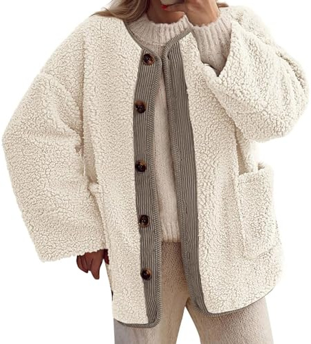 Teddy, giacca in pile da donna senza cappuccio, con bottoni, oversize, bicolore, patchwork, giacca invernale per adolescenti, ragazze, sportiva, Y2K, Bianco. 20, S