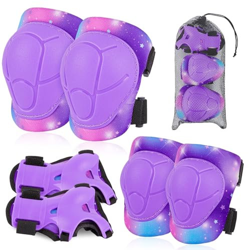 Unicorn Castle Knieschoner Kinder Schoner Set Inliner Schützer 6 in 1 Schutzausrüstung Kinder Ellenbogenschoner Handgelenkschoner Protektoren für 3-8 Jahre,Dark Purple
