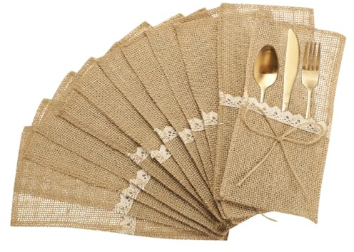 QUARKZMAN 24 Stück Burlap-Spitzen-Besteckhalter 4 x 8 mit Burlap-Schleife | Bestecktasche Silberwarenhalter Natürliche Jute-Tasche Burlap-Serviettentasche, für Party-Hochzeitsdekoration
