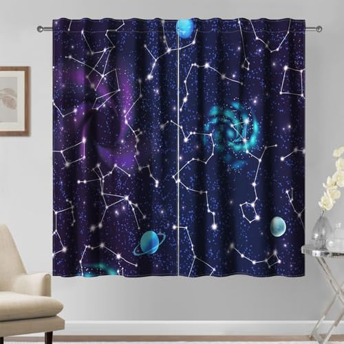 Kzzfqxb 117×138cm Galaxy Gardinen, Blau Lila Nacht Sternenhimmel Planeten Nebel Astrologie Astronomie gardinen 2 Paneele für Jungen Mädchen, Schlafzimmer Wohnzimmer Fenstervorhänge