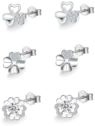 HinDaLi 3 par hjärta blomma örhängen silver 925 för kvinnor flickor barn kvinnor briljant silver örhängen damer zirkonia piercing små örhängen blommor örhängen hjärta diamant brosk allergivänliga, 9mm