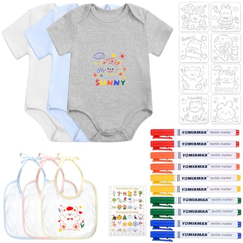 6 Stück Bunt Bodys zum Bemalen und Baby Lätzchen zum Bemalen 9 Monate | Kurzarm Body und Lätzchen Set mit Bunte Textilstiften und Schablonen für Babyparty Spiele DIY Babyshower Deko Gender Reveal