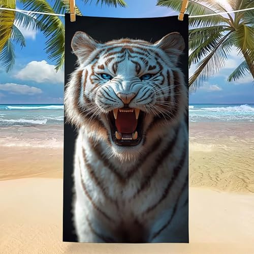 Weiß Strandtuch XXL 100x200 cm, Mikrofaser Handtuch Tiger Strandhandtuch Sandfrei mit Tasche Leichtes und Dünnes Tragbares, Schnell Trocknend strandtücher für Sport Strand Reise Schwimmen -zpg25065P