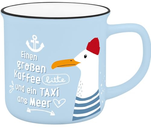 Becher in Emmailoptik Einen großen Kaffee bitte und ein Taxi zum Meer, 35 cl