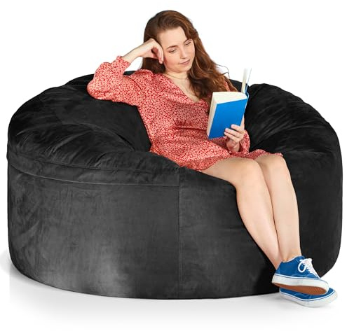 Green Bean Jumbo Max Riesensitzsack mit Memory-Schaum Flockenfüllung – Sitzsack XXL aus flauschigem Velours in 5ft (150x120cm) Schwarz – Indoor Lounge-Sitzsack waschbar & gemütlich