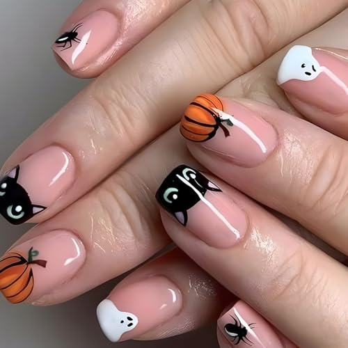 24 Stück Nägel zum Aufkleben Kurz Eckig, Nude Rosa French Press on Nails Glänzende Falsche Nägel mit Geister Kürbis Muster, Schwarz Katze Künstliche Fingernägel, Acryl Full Cover Kunstnägel für Frauen