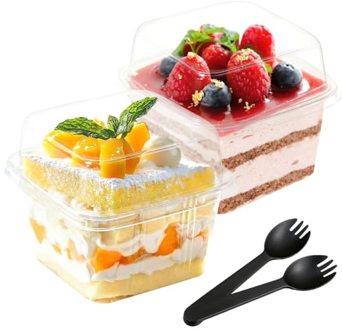 Jogoico Plast desserttallrik koppar med lock 50 st plast fyrkantiga parfaitskålar med skedar 240 ml/8 oz genomskinliga koppar återanvändbara minibehållare för cupcake puddings yoghurt mouss party