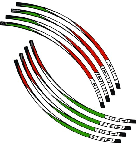 Adesivi Cerchi Moto Stampati – Set 10 Pezzi – Compatibili con Cerchi da 15 a 19 – Design Tricolore Rosso Verde Bianco – Scritta 1098 – Resistenti UV e Lavaggi D0154