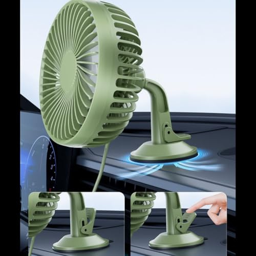 Emiif 12 V/24 V Auto-Ventilator mit 360° Drehung, Drei-Gang-Steuerung, USB-Lade- und Saugnapf-Basis (grün)