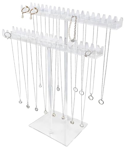 Qaziuy Necklace Holder Acrylic Necklace Display Stand 2 Tier Clear Hanging Jewellery Organiser Stand Jewelry Display Hanger Rack for Necklaces Pendant Bracelets Ring