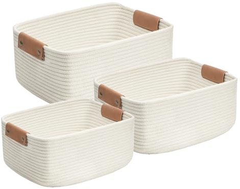 Cesto regalo, miglioramento estetico, corda in cotone naturale, cesto portaoggetti intrecciato con manico, contenitori organizer in corda di cotone da 3 pezzi, design elegante e funzionale