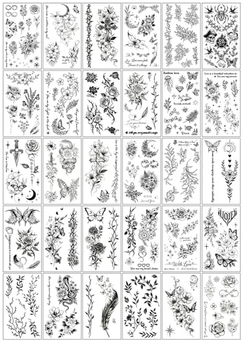 Qpout 30 Feuilles de Tatouages Temporaires Noirs pour Adultes Fleurs Sexy RéTro RéAlistes Branches En Osier, Faux Tatouages pour Femmes Bras Et Art Corporel Fournitures pour FêTe D'Halloween