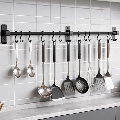 FINELYCR Hakenleiste Küche 80 cm, Aluminium Hängeleiste Küche, Stange für Küchenutensilien mit Beweglichen Haken, Multifunktionales Küchenreling Schwarz, für Küchen, Bad und Flur