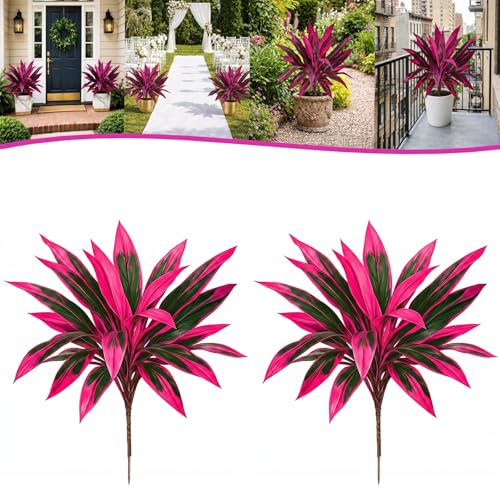 BOLEXA Large Artificial Boston Fern & Dragon's Blood Tree Plants, Vibrant Pink & Purple Faux Foliage, UV Resistant & Weatherproof Outdoor Artificial Plants for Home Garden Patio Wedding(2 Pcs)