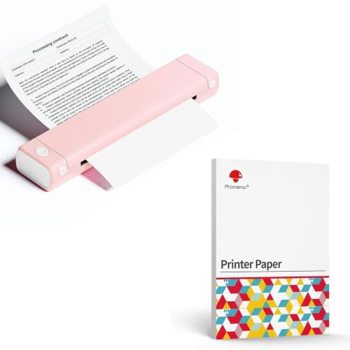 Phomemo M08F Tragbarer Drucker Rosa Weiß mit 200 Blatt Schnell Trocknendem A4 Thermopapier, kabelloser Bluetooth-Mobildrucker für Reisen, Auto, Büro & Zuhause, Tintenloser Druck