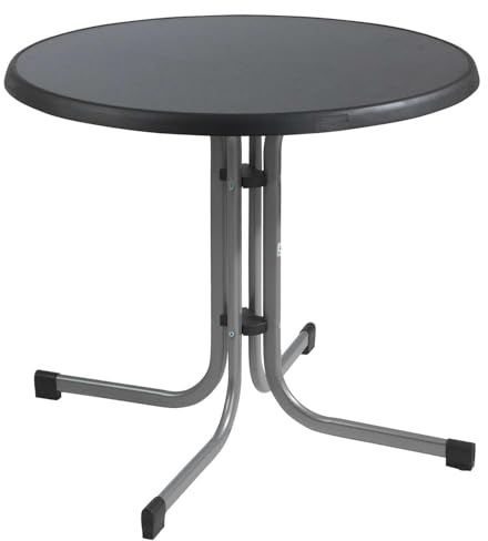 Sieger 209/A Boulevard-Klapptisch mit mecalit-Pro-Platte Ø 86 cm, Stahlrohrgestell graphit, Tischplatte Schieferdekor anthrazit