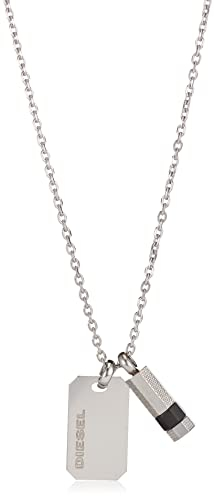 Diesel Halskette Für Männer Doppelanhänger, 50Cm+5Cm Silber Edelstahl Halskette, DX1156040