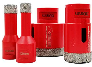 SHDIATOOL Forets Diamant 4PCS 12mm/16mm/30mm/50mm Brasé Sous Vide Trépans avec Filetage M14 pour Perçage à sec en Porcelaine Carrelage Granit Marbre