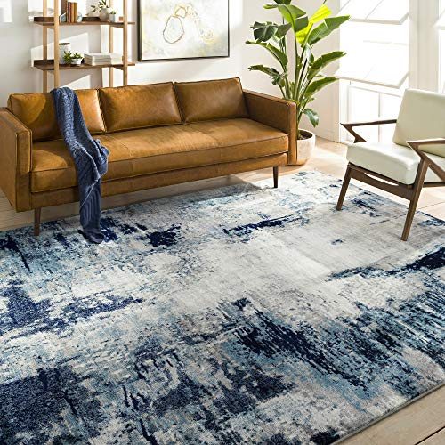 Livabliss Helsinki Wohnzimmer modern – Abstrakt Design in Marmor Optik für Wohnzimmer 160x220 cm, Esszimmer, Schlafzimmer - Marmor e groß, weicher Kurzflor in Blau, Weiß und Grau