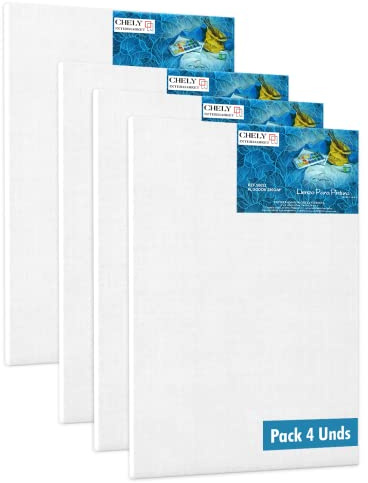 CHELY INTERMARKET MOD560 Lienzos Para Pintar 40x50 CM Pack 4 Unidades Bastidor Madera 16 MM Algodón Blanco Preimprimado Profesional Para Acrílico Óleo Manualidades Bellas Artes Artistas Aficionados