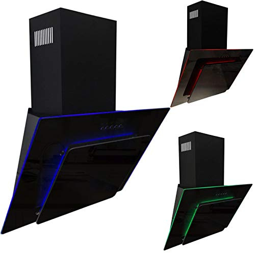 SIA 70cm Angled Kitchen Cooker Hood Extractor Fan, Black Glass, AGE71BL | Red Blue Green LED Edge Lit, Mood Lighting, 2 Years Parts & Labour Guarantee