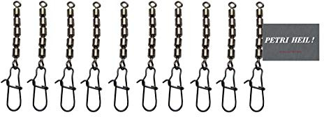 Set: 2 Packungen (insgesamt 10 STÜCK) Behr Fünffach Wirbel mit Karabiner Snap Forellenwirbel Black Nickel, 9-12 Kg+gratis Petri Heil! Aufkleber