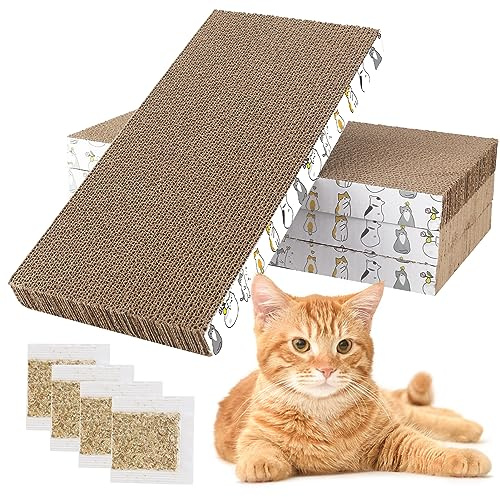 PatiencET Cat Scratching Board 4 Pack, Cardboard Cat Scratcher with Catnips, Flat Double-Sided Cat Scratch Pad for Indoor Small Medium Cats Kittens