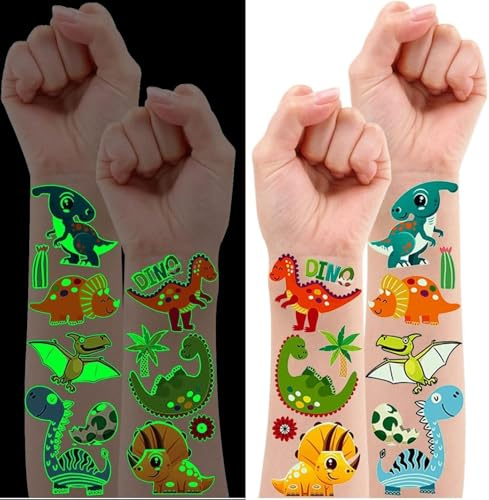 Leesgel Dino Tattoo Kinder, 120 Stück Leucht Kindertattoos Dino Aufkleber Sticker für Geschenk Junge ab 5 6 7 8 9 Jahre, Dinosaurier Spielzeug Mitgebsel Kindergeburtstag Ostergeschenke Kinder