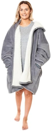 Sienna Zip Up Oversized Blanket Hoodie Wearable Blanket Women Men Hooded Cosy Warm Sherpa Fleece Cardigan, One Size - Charcoal Grey