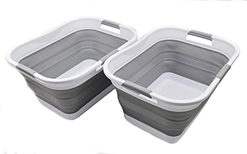 SAMMART Set of 2-30L (8 gallon) Collapsible Plastic Laundry Basket - Foldable Pop Up Storage Container/Organizer - Portable Washing Tub,Water capacity: 24L (6.3 gallon) (2, White/Grey)