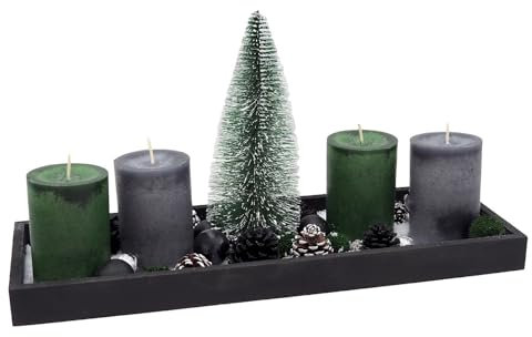 ZauberDeko Adventsgesteck Weihnachten Deko Holztablett Schwarz Tanne Kerzen Grau Grün Zapfen 40cm