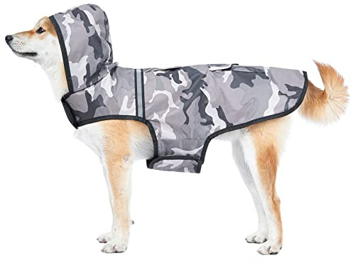 KoKoBin Chaqueta reflectante impermeable para perros con capucha y agujero en el cuello, chaqueta impermeable muy ligera y transpirable para perros medianos y grandes (XL, camuflaje gris)
