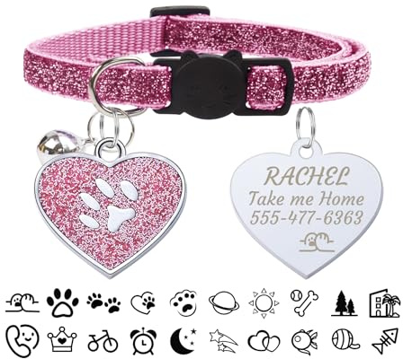 CAMAL Katzenhalsband mit Herzform Hundemarke Personalisiert, Katzenhalsband mit Namen und Telefonnummer, Katzenhalsband mit Glöckchen und Sicherheitsverschluss für Katzen und Welpen (Rosa)