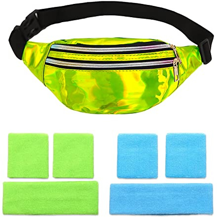 CHRI 80er Jahre Bauchtasche Stirnband Neon, Armbänder und Stirnband | 80er 90er Jahre Outfit Damen Accessoires Verstellbarer Hüfttasche Wasserdicht für Retro Party Thema Karneval (Grün)