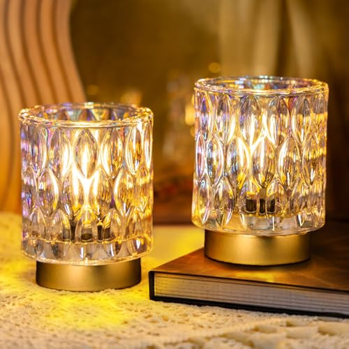Premier Battery Operated Lamp, Small Cordless Lamp with Timer, Pearl 2Pack | Glass Lampshade, Small Table Lamps for Area No Plug, Decorative Led Light for Bedroom Living Room Shelf