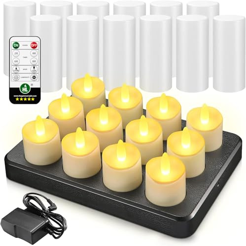 HL Flameless Candles with Remote Timer, 100+Hours Rechargeable Waterproof Outdoor Candles Tea Lights with Charging Base, Warm White LED Votive Floating Tealights for Festival Wedding Party Decor-12pcs