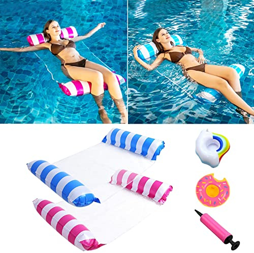 2 Pack Inflatable Pool Floats Hammock, 4-in-1 Multi-Purpose Inflatable Hammock with a Manual Air Pump, Pool Chairs for Swimming Pools Hot Tub Beach Summer, Water Lounge Party Toys (Blue, Pink)