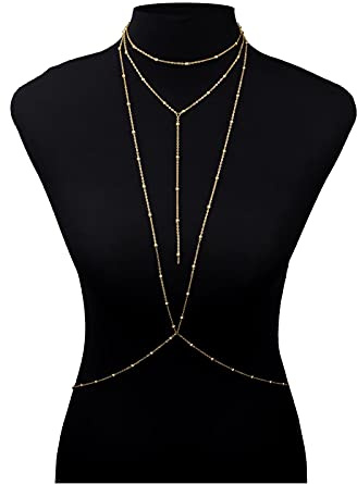 RWRAPS Körperkette Damen Körperkette-Mode Gold Gliederkette BH Mehrschichtig Sexy Einfach Strand Bikini Harness V Halsketten Frauen Schmuck Geschenk Körperschmuck Zubehör