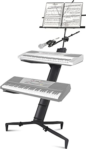 AKOZLIN Aluminum Alloy Keyboard Stand Spider 61 76 88 Keys Holder 2 Tier With Detachable Music and Microphone Rack(Black)