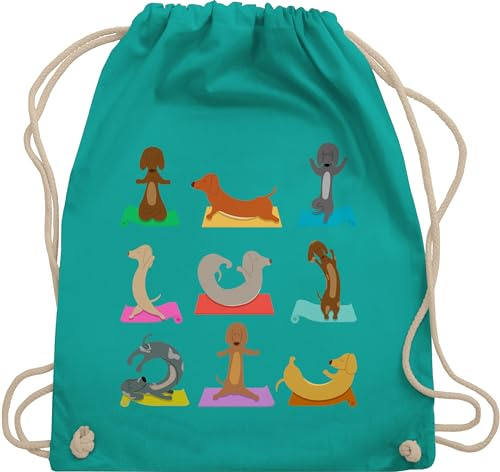 Turnbeutel Rucksack - Hunde - Taschen - Dackel Yoga Dackel Lustig - Unisize - Türkis - tasche geschenk für hundebesitzer hund beutel mit dackelmotiv hundemotiv dachshund sportbeutel hundesprüchen