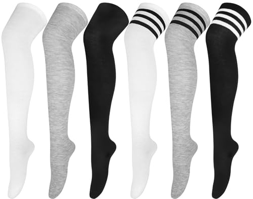 Justay Comf 6 par lårhöga strumpor för kvinnor flickor knähöga strumpor över knäet svart vit grå stretchiga randiga långa strumpor för damer, Vit/ljusgrå/svart, one size