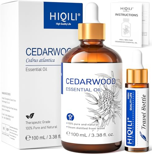 HIQILI Olio Essenziale di Legno di Cedro 100ml, 100% Naturale di Grado Terapeutico, Contagocce in Vetro Premium, per la Cura dei Capelli e Della Pelle, per la Produzione di Sapone