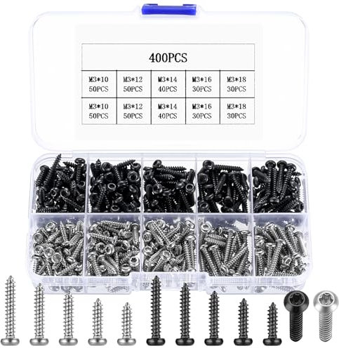 400 Sets M3 Torx Screws, Pan & Round Head Self-Tapping Screws, Dome Head, Black/Silver, Assortment for Sheet Metal, Wood & Plastic