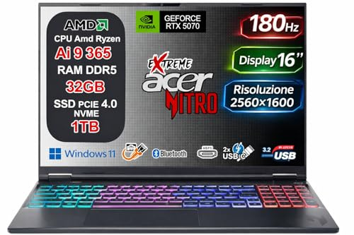 Acer Nitro 16S AI Copilot+ PC Gaming Notebook, Ryzen AI 9 365, RTX 5070 8GB GDDR7, 32GB DDR5 5600MHz, 1TB SSD PCIe, 16 WQXGA 2560x1600 180Hz, Tastiera RGB 4 Zone, USB4, 2.5G LAN, Wi-Fi 6E, Win 11