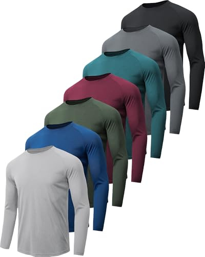 miijoory T-Shirt Manche Longue Homme Respirant Séchage Rapide,Tee Shirts de Sport pour Homme,Protection Solaire UV SPF50+ pour Fitness,Running et Entraînement(L, Lot de 7 pièces)